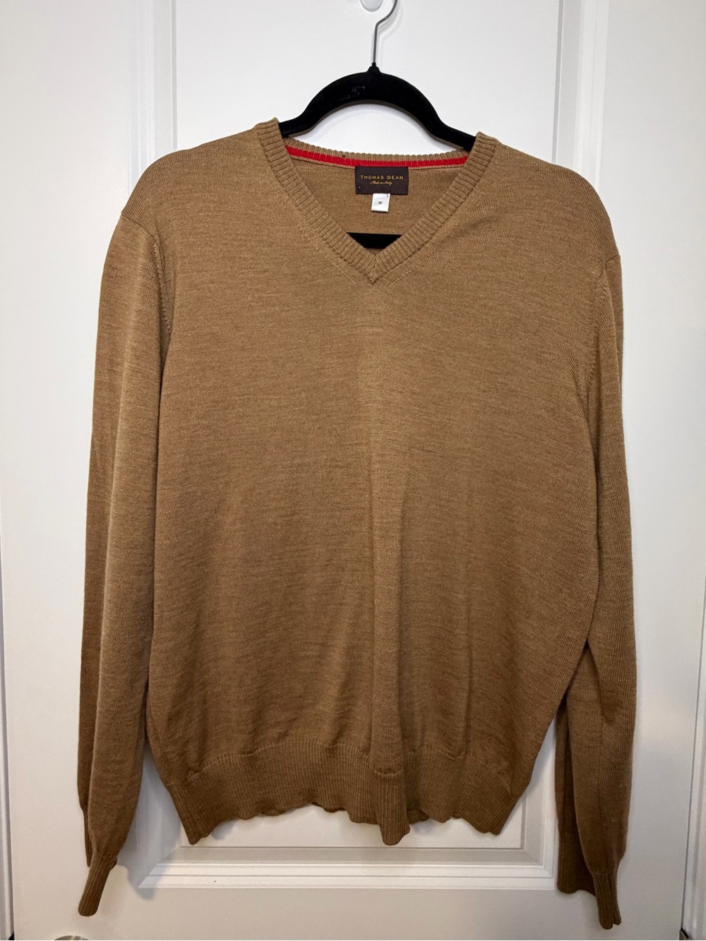Thomas Dean Men V Neck Sweater in Camel Brown Business Casual Fall Wool